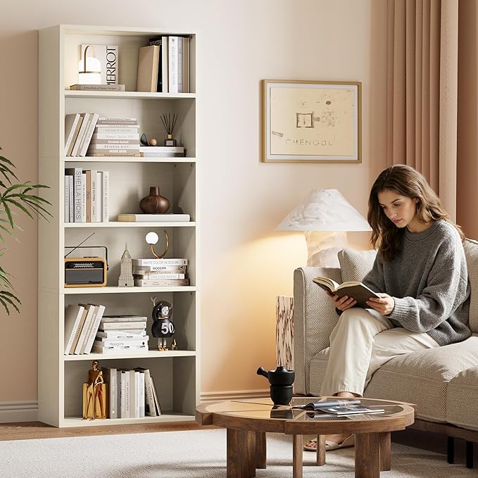 YESHOMY Industrial 6 Tier Bookcase, 71" Tall Beige Bookshelves Open Frame, Basic Floor Standing Bookcases & Bookshelf for Home Office, Living Room, Bed Room
