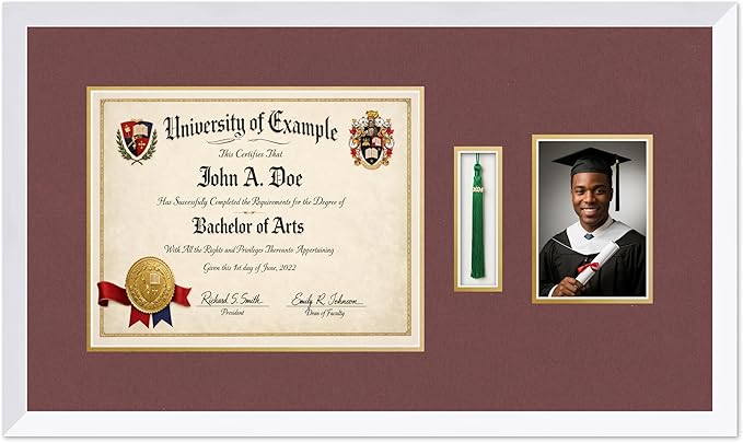 CountryArtHouse Diploma Tassel and Photo Shadowbox Fits 14 x 11 College Diploma (Modern) with Tassel Ho Bright White Genuine Hardwood with Dark Red Over Metallic Gold Double mat
