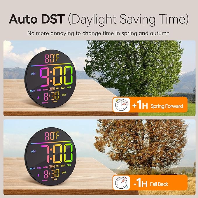 JALL 10" Large Digital Wall Clock with Seconds, Alarm Countdown Timer, Big LED Display, RGB Color, DST, Temperature, Mounted for Bedroom Living Room Office Classroom Gym, Xmas Birthday Gift, Green