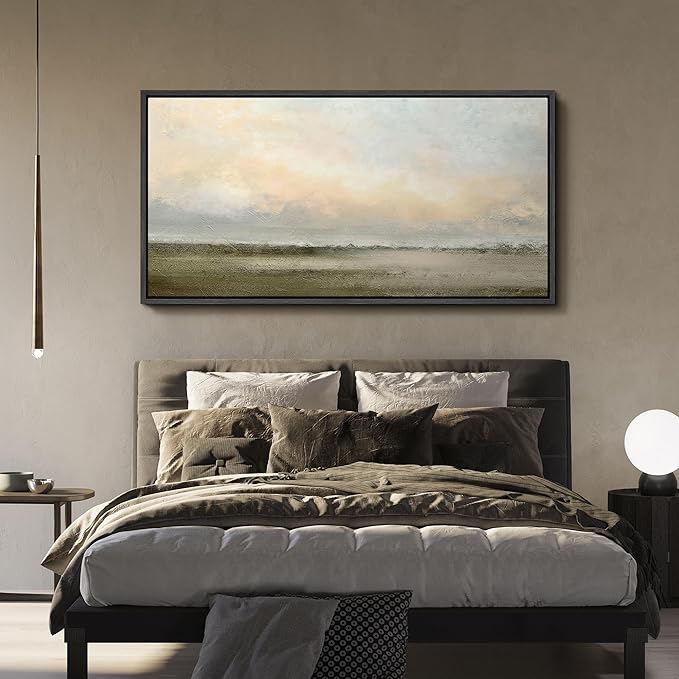 SIGNFORD Extra Large Framed Canvas Soft Sunrise Over Misty Fields Illustrations Modern Art Calm Warm for Living Room, Bedroom, Office - 60"x30"