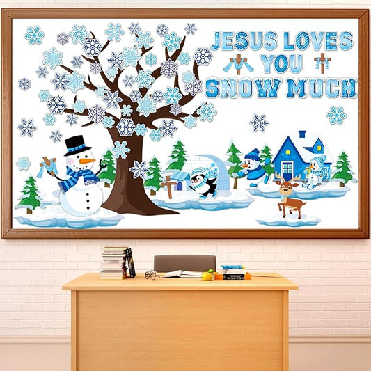 gisgfim Winter Bulletin Board Decorations Winter Snowflakes Snowman Tree Paper Cutouts Christmas Christian Bulletin Board Cutouts for Classroom Religious School Door Christmas Home Wall Decor Supplies