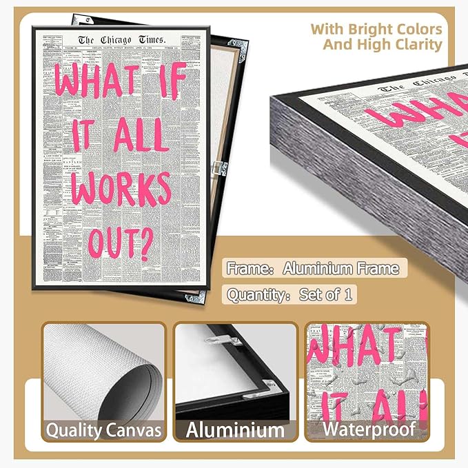 What If It All Works Out Poster Retro Newspaper Pink Font Canvas Wall Art Positive Affirming Quote Minimalist Prints Painting For Home Bedroom Dorm Wall Decor 12x18in Framed