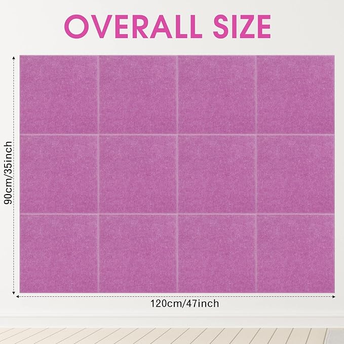 Honoson 12 Pack 47"x35" Large Cork Boards Tiles Alternative Felt Wall Tiles Bulletin Board with Safe Adhesive Cork Board Squares for Walls Organize Home Office Classroom Pin Photo Panels(Purple)