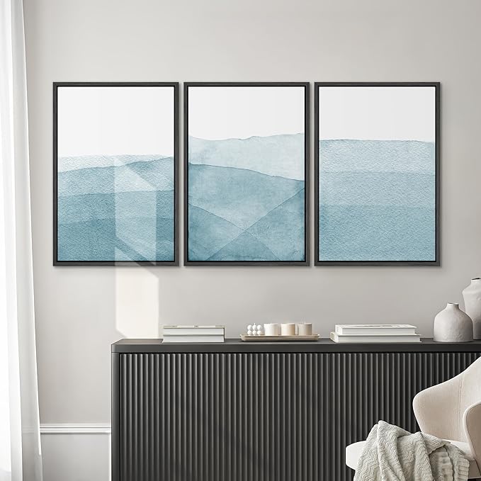 SIGNWIN 3 Piece Framed Canvas Wall Art Blue Wash Brushstroke Watercolor Nature Wilderness Illustrations Abstract Traditional Home Artwork Decoration for Living Room,Bedroom - 16"x24"x3 Black