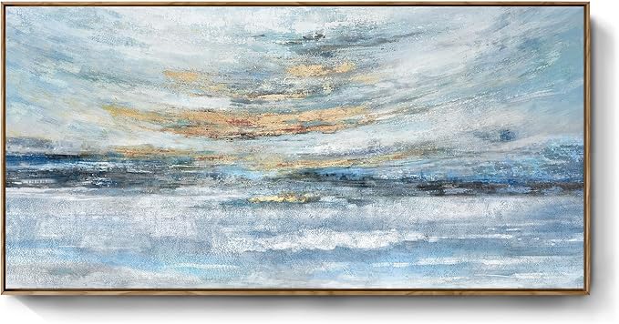 Nicetop Large Wall Art Canvas for Living Room, Framed Abstract Coastal Painting - 48x24 Inch Modern Light Blue and Gold Sunset Print, Ready to Hang Décor for Bedroom, Office, Bathroom, Dining Room Wall