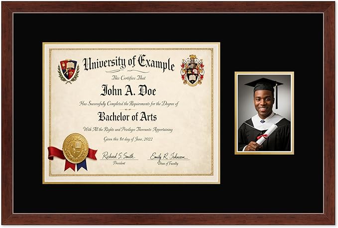CountryArtHouse Fits 15 x 12 Military/Government and 5 x 7 Photo Diploma and Photo Frame Rustic Walnut Genuine Hardwood with Black Over Metallic Gold Double mat