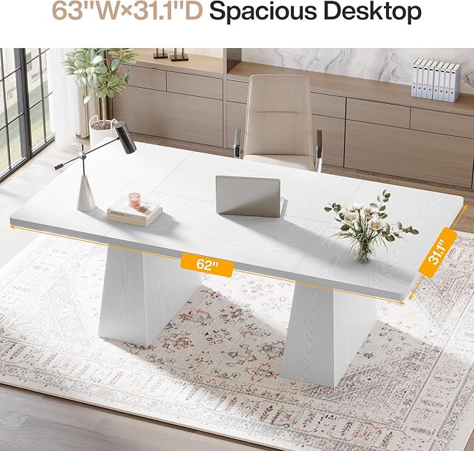 Tribesigns 63-Inch Executive Desk, Large Office Computer Desk with Double Pedestal, Modern Simple Workstations Writing Table Conference Table Business Furniture for Home Office, White