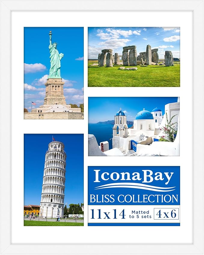 Icona Bay - 11x14 White Collage Picture Frame with Removable Mat for 5-4x6 Photos - Modern Style Engineered Wood Frame - Wall Mount Only - Bliss Collection