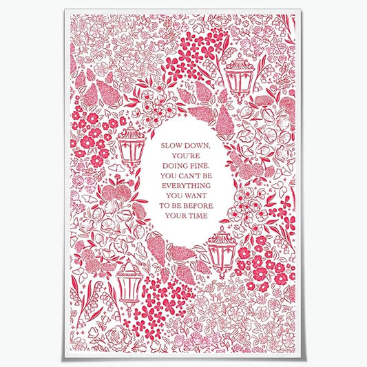 Balsuka Slow Down You're Doing Fine Music Posters Motivational Quote Pink Wall Art Vintage Floral Positive Daily Reminder Song Lyrics Canvas Print Aesthetic Office Home Decor 12x16inch Unframed