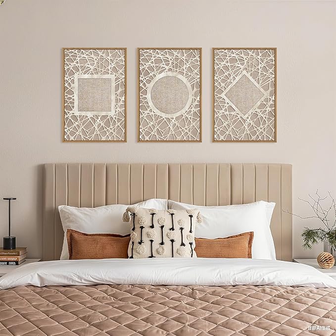 Aryroi Large Abstract Boho Neutral Shapes Framed Canvas Wall Art,Modern Geometric Circle Square Rhombus Wall Decor,Mid Century Artwork for Living Room,Bedroom,Office-16 x24 x3