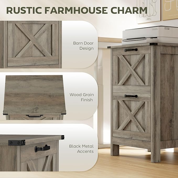HOMCOM 2 Drawer Vertical File Cabinet with Silent Slides, Rustic Farmhouse Filing Cabinet with Barn Doors for A4/Letter Size, Printer Stand with Storage for Home Office, Distressed Gray