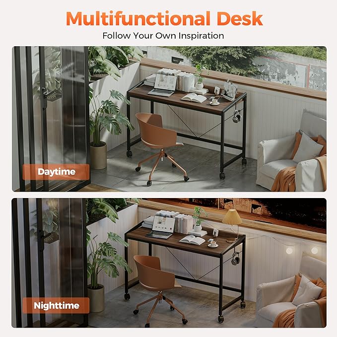 Mericonia 48 inch Rolling Computer Desk with Wheels, Gaming Desk for Small Spaces, Modern Simple Style Table for Home Office, Study Writing Table