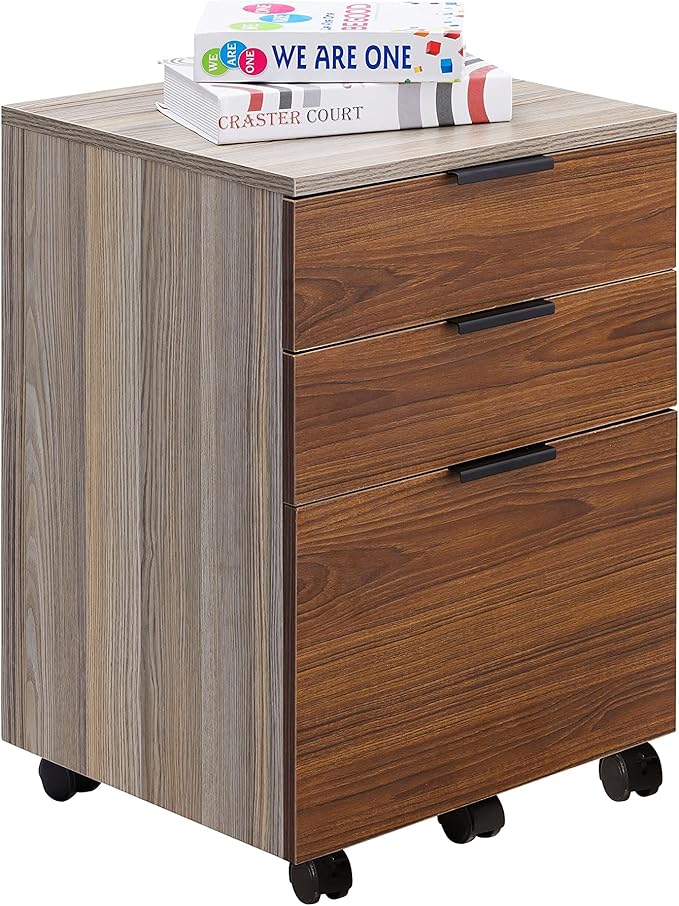 JJS 3 Drawer Rolling Wood File Cabinet with Locking Wheels, Home Office Portable Vertical Mobile Wooden Storage Filing Cabinet for Letter Size，Brown Drawer