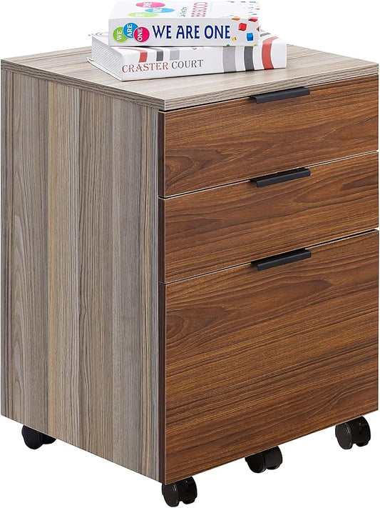 JJS 3 Drawer Rolling Wood File Cabinet with Locking Wheels, Home Office Portable Vertical Mobile Wooden Storage Filing Cabinet for Letter Size，Brown Drawer