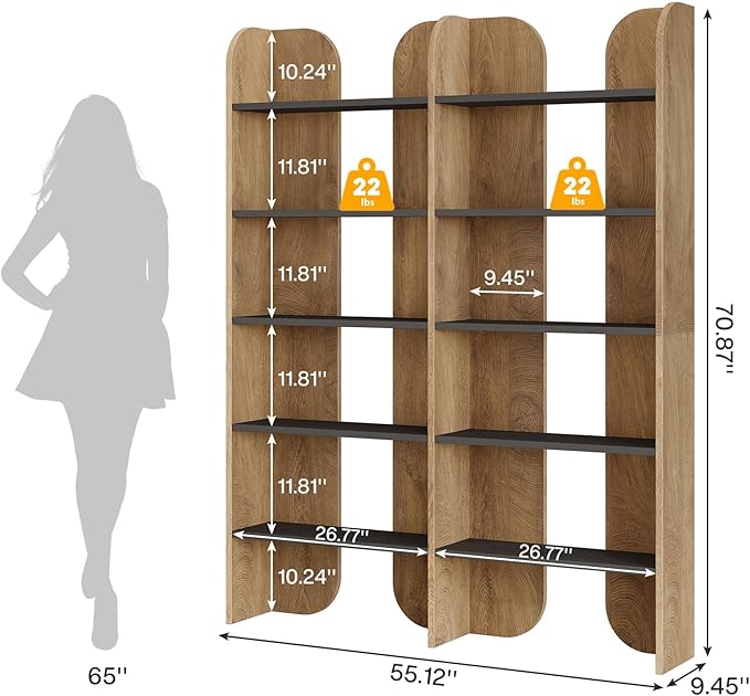 Tribesigns 5-Tier Farmhouse Bookshelf, 70.87-Inch Tall Double Wide Bookcase with Open Shelves, Vintage Floor Standing Book Shelf (1, Brown+Black)