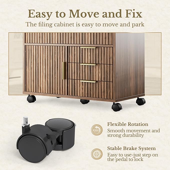 Home Office Furniture Set, Fluted Wooden File Cabinet with Locable Wheels, Filing Cabinet with 5 Drawers for Home Office, Black Walnut