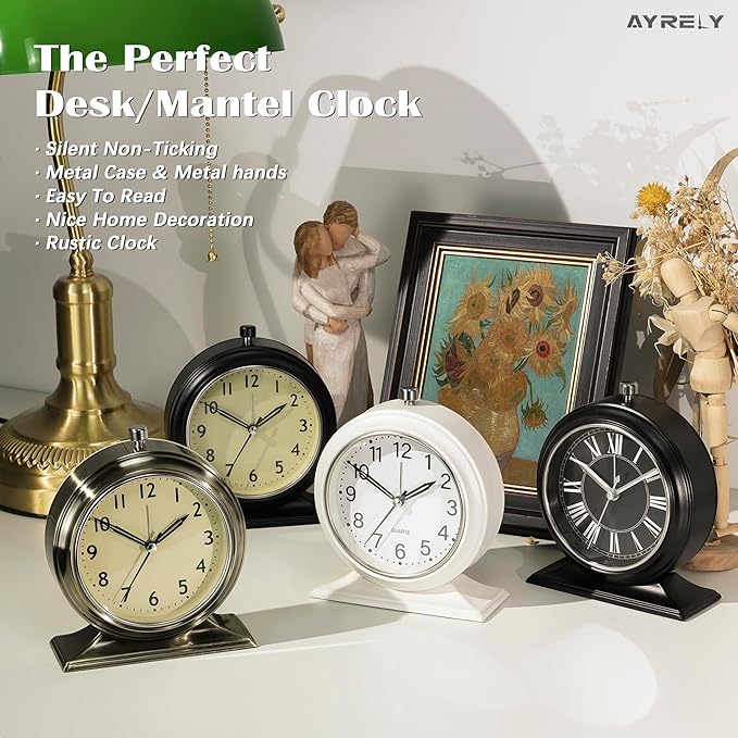 AYRELY® 4-inch Battery Operated Alarm Clock Silent Analog Desk Clocks with Light Vintage Metal Table Clock for Living Room Shelf Bedside Home Decor (Black-Roman)