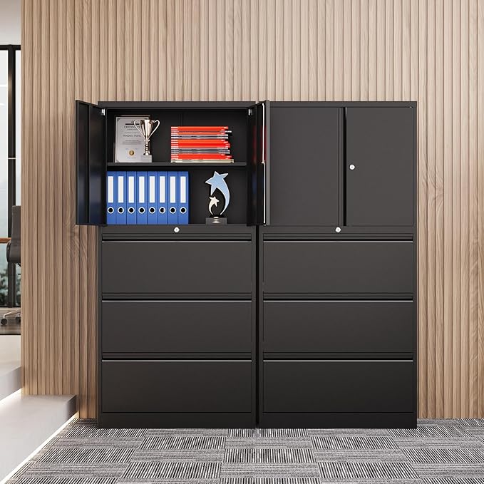 3 Drawer Lateral File Cabinet, Office Storage Cabinet with 3 Wide&Deep Drawers and Locking Doors, Black Metal Cabinet with Adjustable Shelves for Home Office, Fits A4/Letter/Legal Size Folders