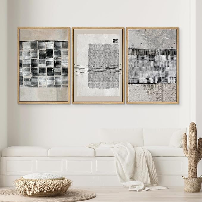 SIGNWIN Framed Canvas Print Wall Art Set Black Tan Industrial Line Art Pattern Abstract Shapes Cozy Neutral Decorative Contemporary Minimal for Living Room, Bedroom, Office - 16"x24"x3 Natural