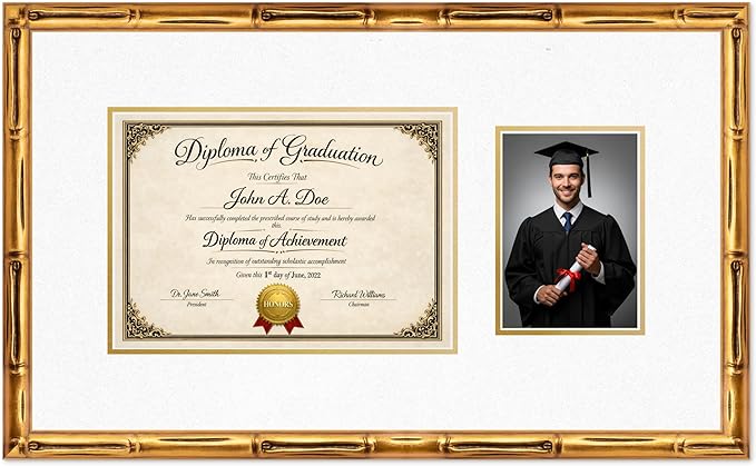 Diploma Frame With Photo Opening Gold Bamboo Oyster Shell Over Gold Mat - Fits 11.69 x 8.27 Degree and Picture Made in the USA