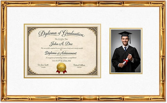 Diploma Frame With Photo Opening Gold Bamboo Oyster Shell Over Gold Mat - Fits 11.69 x 8.27 Degree and Picture Made in the USA