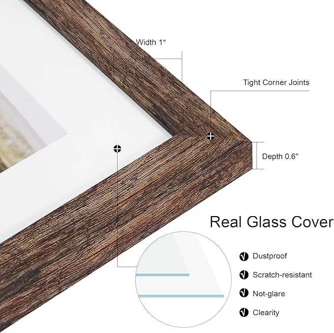 11x14 Picture Frame Set of 2, Rustic Brown Wood Frame with Real Glass Collage Picture Frames, Display Pictures Five 4x6 With Mat or 11 x 14 Without Mat, Photo Frames Wall Gallery