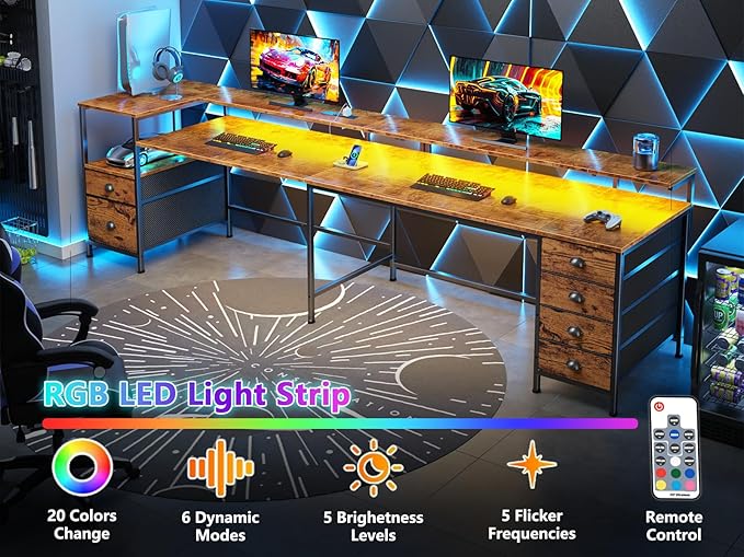 Furologee 95" Two Person Computer Gaming Desk, Long 2 Person Home Office Desk with 6 Drawers & Storage Shelves, Double Table with Power Outlets, LED Lights and Full Monitor Shelf, Rustic Brown
