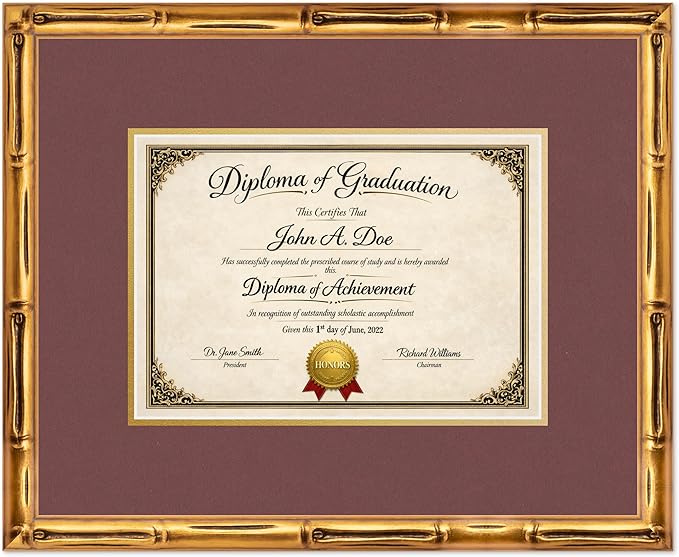 Diploma Frame Gold Bamboo with Dark Red Over Gold Double Mat - Fits 11.69 x 8.27 A4 Certificate Wall Display Made in the USA