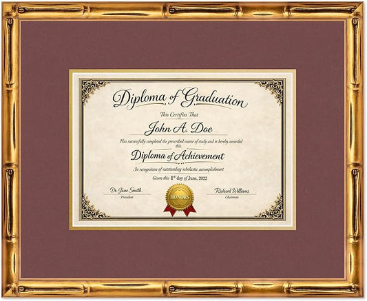Diploma Frame Gold Bamboo with Dark Red Over Gold Double Mat - Fits 11.69 x 8.27 A4 Certificate Wall Display Made in the USA