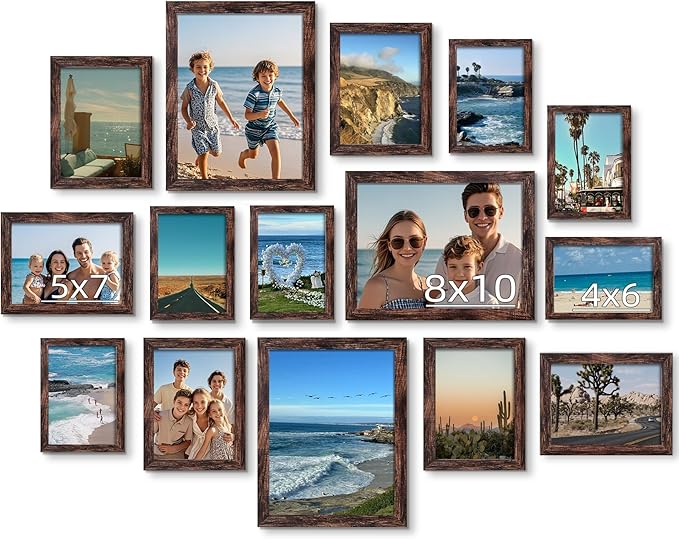 BESCRCL 15 Pack Real Glass Picture Frames Collage Wall Decor, Including 3pcs 8x10, 6pcs 5x7, 6pcs 4x6 Photo Frames for Gallery Wall or Tabletop Display, Brown