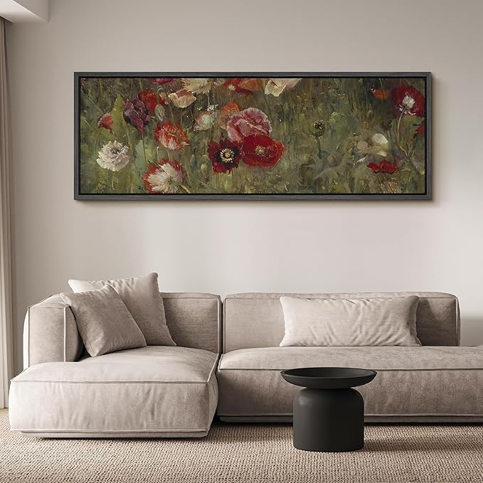 SIGNFORD Large Framed Canvas Vintage Red and White Poppy Field Illustrations Modern Art Calm Warm for Living Room, Bedroom, Office - 60"x20"