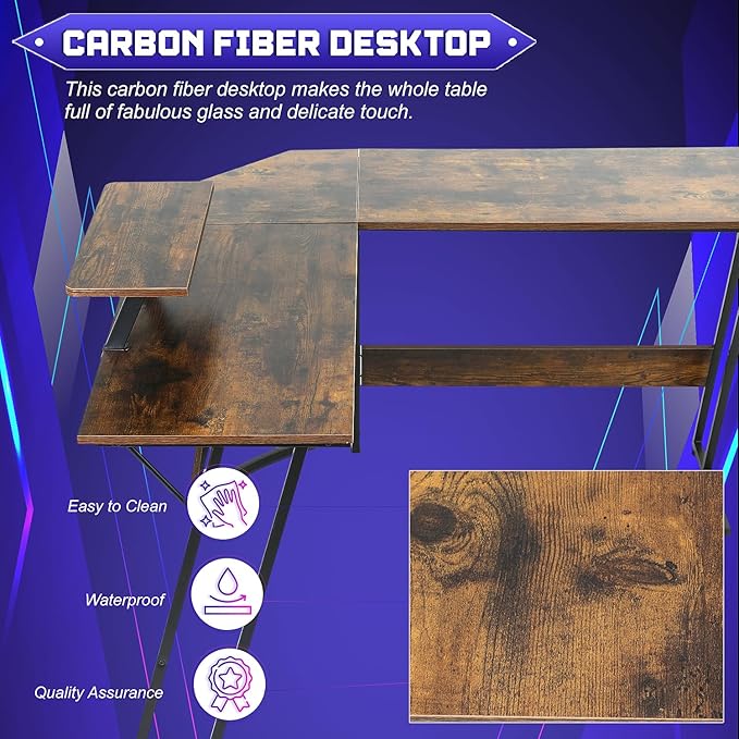 NChanmar L Shaped Gaming Desk with Monitor Riser Stand, Home Office Corner Desk for Studying, Working and Gaming, Large Desktop, Brown