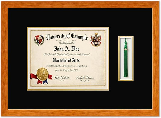 CountryArtHouse Diploma and Tassel Frame Fits 11 x 8.5 US Letter Certificate with Tassel Hook Honey Oak Genuine Hardwood Shadowbox with Black Over Metallic Gold Double mat