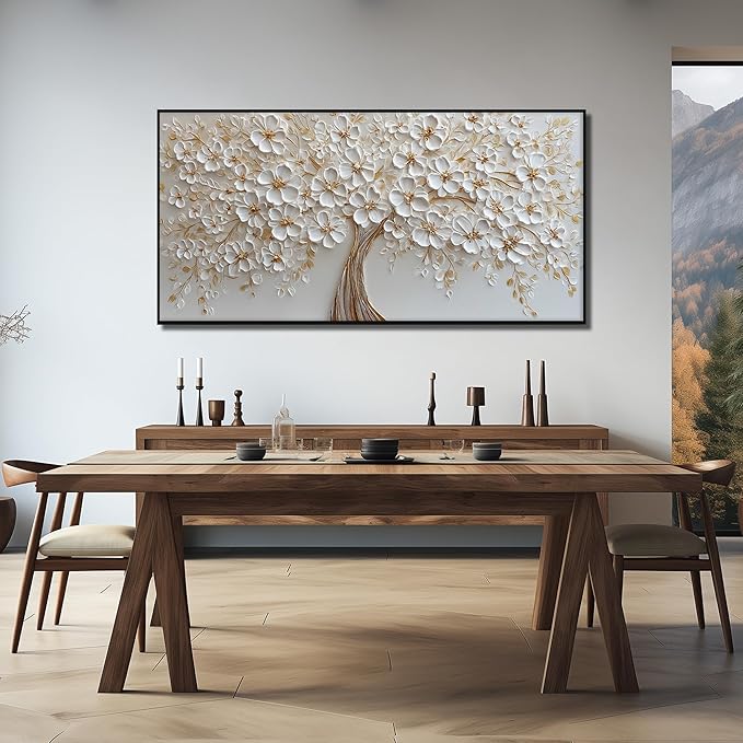 Tree Pictures Wall Decor Dining Room White Flower Canvas Wall Art for Bedroom Women Large Black Framed Wall Art for Living Room 29 x 58 Inch