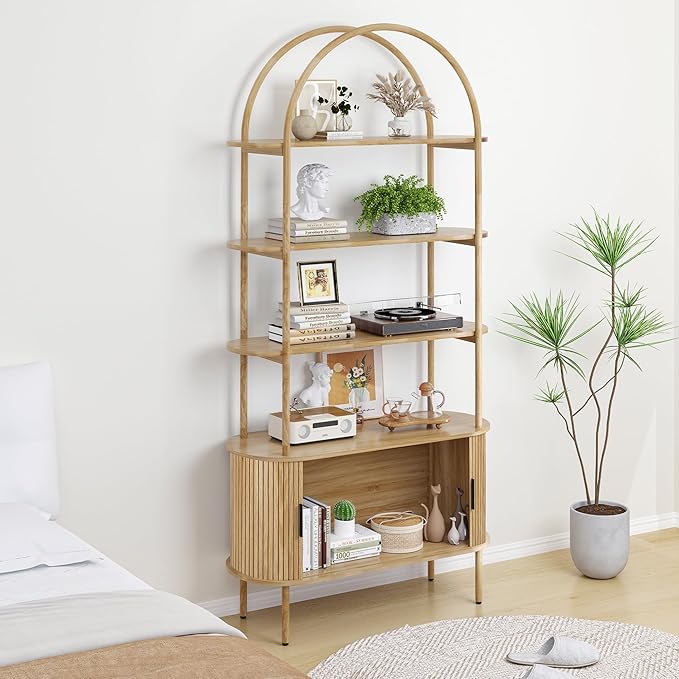 79" Tall Arched Bookshelf with Sliding Tambour Doors, Mid Century Modern Curved Bookcase Cabinet with Storage, 4-Tier Open Display Storage Shelf for Home Office, Living Room (Natural, 79inch)