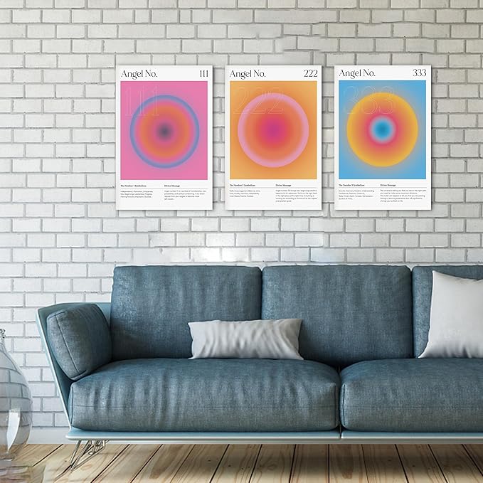 SHMAO Colorful Gradient Aura Angel Numbers Poster Canvas Wall Art for Room Aesthetic Inspirational Spiritual Wall Art Paintings Abstract Minimalist Wall Decor for Bedroom 16"x24" x 3 Pcs
