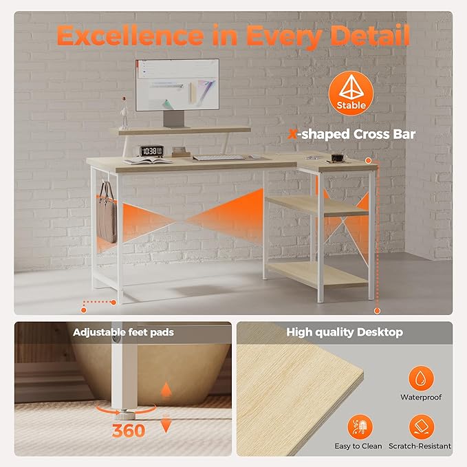 Mericonia Small L Shaped Computer Desk with Power Outlets, Reversible Gaming Desk with Storage Shelves & Monitor Stand, Corner Gamer Desk Table, Study Writing Table