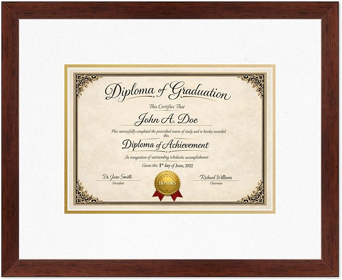 Diploma Frame Rustic Walnut with Oyster Shell Over Gold Double Mat - Fits 11.69 x 8.27 A4 Certificate Wall Display Made in the USA