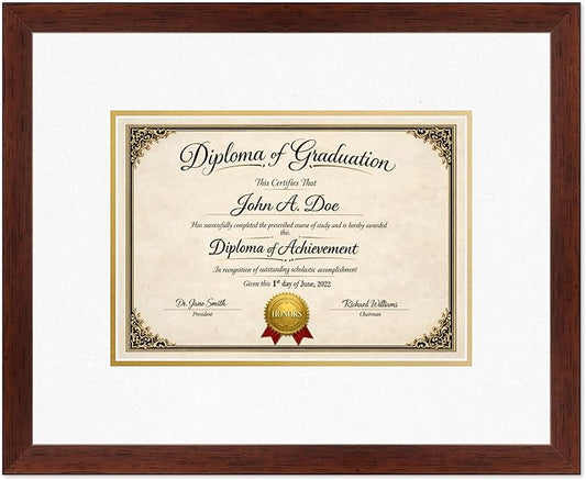 Diploma Frame Rustic Walnut with Oyster Shell Over Gold Double Mat - Fits 11.69 x 8.27 A4 Certificate Wall Display Made in the USA