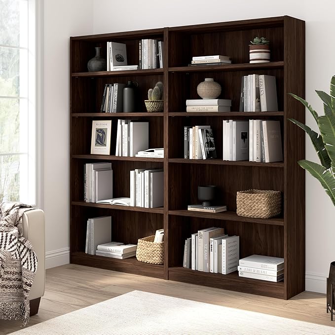 Bush Home Universal Tall 5 Shelf Bookcase in Black Walnut, Vertical Storage and Display Bookshelf for Home Office or Living Room Organization