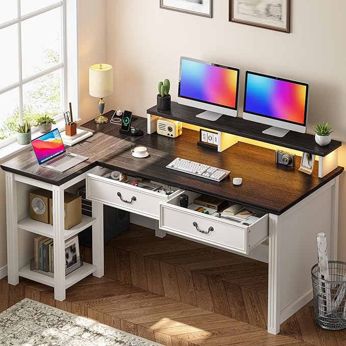 EnHomee 55" L Shaped Farmhouse Computer Desk with Drawers, Office Desk with Long Monitor Stand & Storage Shelves for Bedroom, Desk for Home Office, Desks with Power Outlets & LED Lights, Study Room