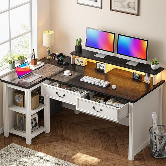 EnHomee 55" L Shaped Farmhouse Computer Desk with Drawers, Office Desk with Long Monitor Stand & Storage Shelves for Bedroom, Desk for Home Office, Desks with Power Outlets & LED Lights, Study Room
