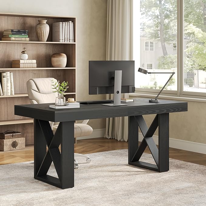 LITTLE TREE 63-Inch Long Computer Desk, Simple Wood Thick Appearance Design, Study Writing Gaming Work Executive Desk for Home Office, Black