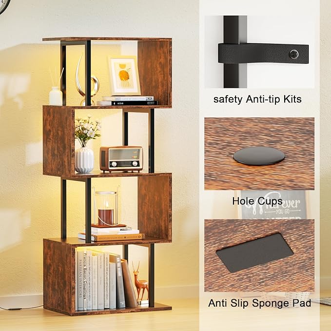 Furologee 5 Tier Geometric Bookshelf with LED Light, Small S-Shaped Bookcase, Industrial Display Standing Shelf, Metal Wooden Decorative Storage Shelves for Bedroom, Living Room, Office, Rustic Brown