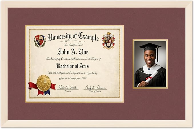 CountryArtHouse Fits 14 x 11 College Diploma (Modern) and 5 x 7 Photo Diploma and Photo Frame Coastal Whitewash Genuine Hardwood with Dark Red Over Metallic Gold Double mat