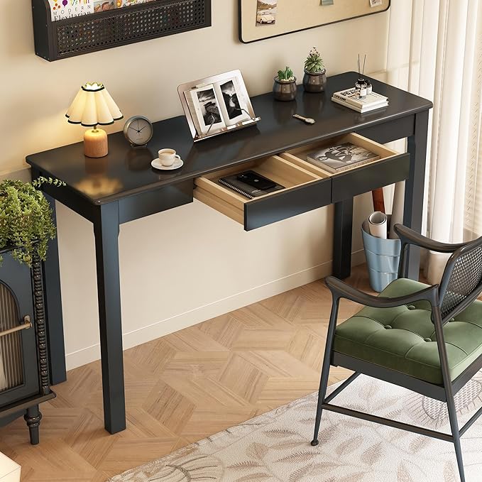 100% Solid Wooden Desk with Drawers - 47 x 16 Inch Modern Narrow Desks, Rubber Wood Study Table, Small Writing Desk for Small Spaces|Bedroom - Black Desks