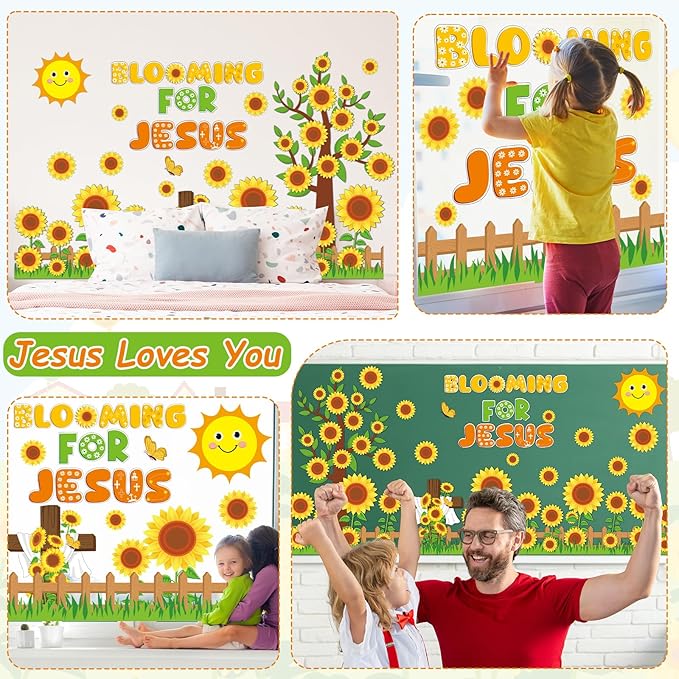 gisgfim Spring Sunflower Bulletin Board Decoration Set Religious Cutouts for Classroom School Welcome Blooming for Jesus Summer Christian Bulletin Board Craft Door Home Wall(Blooming for Jesus)