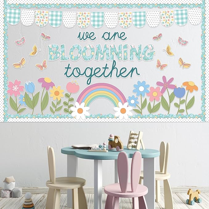 70PCS Spring Classroom Bulletin Board Decorations Flower Bulletin Board Set We are Blooming Together Floral Butterfly Bulletin Board Rainbow Cutouts for School Office Home Wall Decor