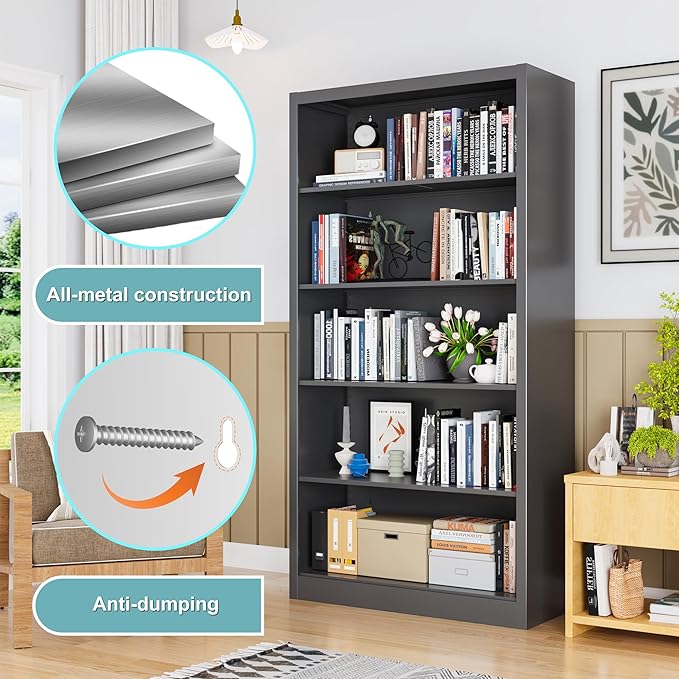 Bookcase, 5 Tier Bookshelves, 14" Deep Book Case for Book/Decor/CD/Movie, Metal Adjustable Book Shelf, 66" Tall Modern Bookshelf for Bedroom Living Room Home Office School (Black, 66"Hx33"Wx14"D)