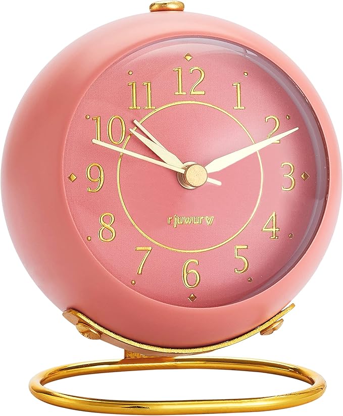 Metal Desk Alarm Clock, Retro Bedroom Table Vintage Analog Alarm Clock, Silent Non-Ticking Gold Clock, Bedside Décor(Sweet Pink)